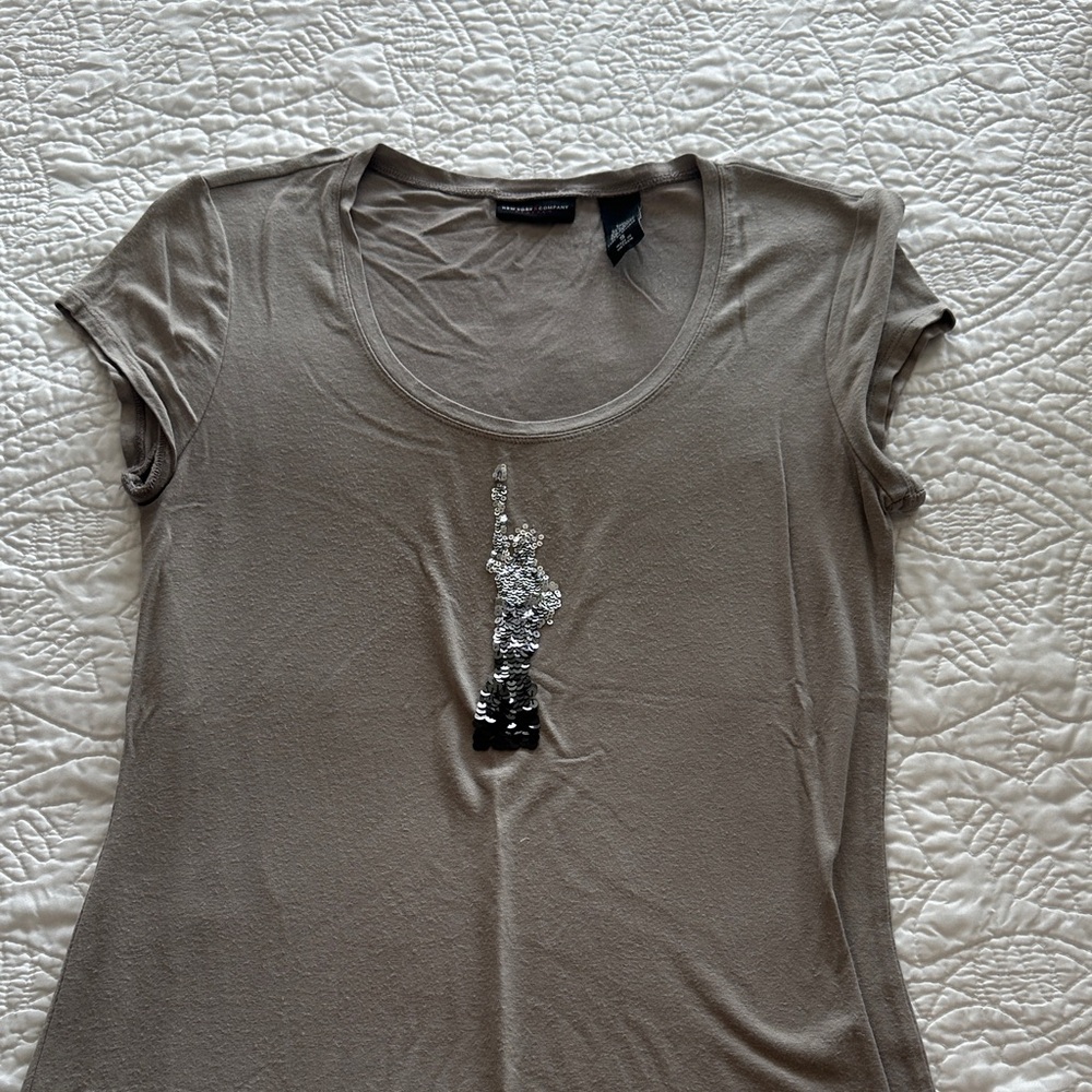 New York & Company Taupe Tee with Silver Sequin Detail